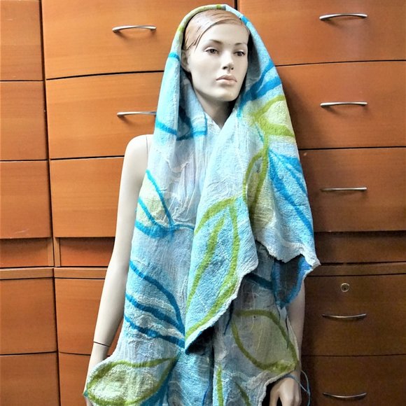 HUGE FELTED WOOL COTTON SHAWL HANDMADE IN EUROPE UNIQUE GIFT - Picture 2 of 8